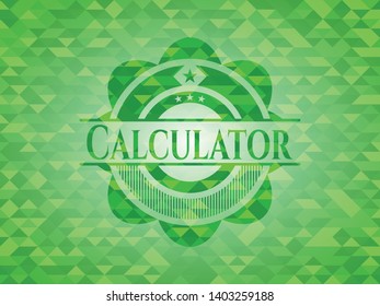 Calculator green emblem with mosaic background. Vector Illustration. Detailed.