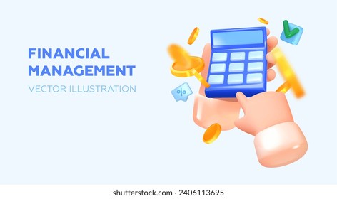 Calculator in hand, coins flying around. In 3D style. Financial management concept. Vector illustration