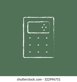 Calculator hand drawn in chalk on a blackboard vector white icon isolated on a green background.