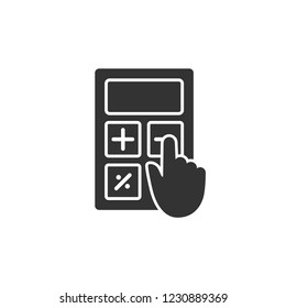 Calculator and hand pointer finger simple glyph icon. Calculator with plus, minus button vector icon.