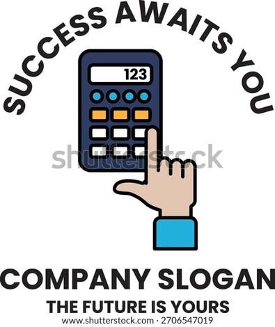 A calculator with a hand pointing to the number 123. The text above the calculator says "success awaits you"