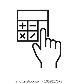 Calculator with hand. Stroke outline style. Vector. Isolate on white background.