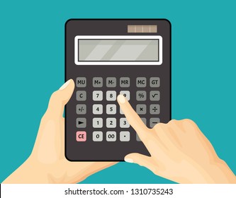 Calculator in hand. Vector illustration in flat style. Finger touching button of the calculator.