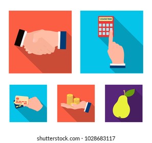 Calculator, handshake and other web icon in flat style.a stack of coins on the palm, credit cards icons in set collection.