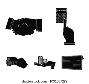 Calculator, handshake and other web icon in black style.a stack of coins on the palm, credit cards icons in set collection.