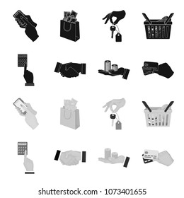 Calculator, handshake and other web icon in black,monochrome style.a stack of coins on the palm, credit cards icons in set collection.