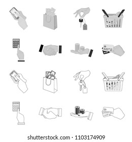 Calculator, handshake and other web icon in outline,monochrome style.a stack of coins on the palm, credit cards icons in set collection.