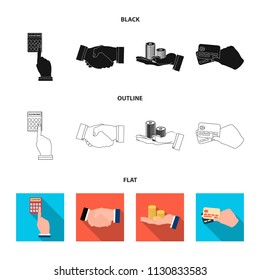 Calculator, handshake and other web icon in black,flat,outline style.a stack of coins on the palm, credit cards icons in set collection.