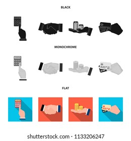 Calculator, handshake and other web icon in black, flat, monochrome style.a stack of coins on the palm, credit cards icons in set collection.