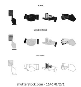 Calculator, handshake and other web icon in black,monochrome,outline style.a stack of coins on the palm, credit cards icons in set collection.