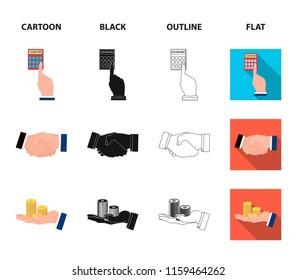 Calculator, handshake and other web icon in cartoon,black,outline,flat style.a stack of coins on the palm, credit cards icons in set collection.