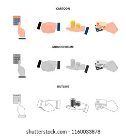 Calculator, handshake and other web icon in cartoon,outline,monochrome style.a stack of coins on the palm, credit cards icons in set collection.