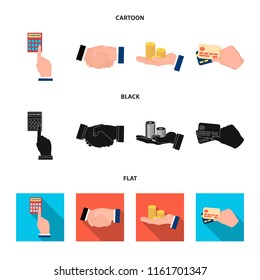 Calculator, handshake and other web icon in cartoon,black,flat style.a stack of coins on the palm, credit cards icons in set collection.
