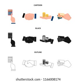 Calculator, handshake and other web icon in cartoon,black,outline style.a stack of coins on the palm, credit cards icons in set collection.