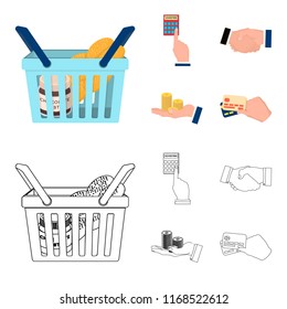 Calculator, handshake and other web icon in cartoon,outline style.a stack of coins on the palm, credit cards icons in set collection.