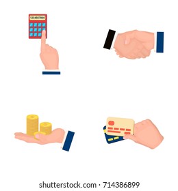Calculator, handshake and other web icon in cartoon style.a stack of coins on the palm, credit cards icons in set collection.