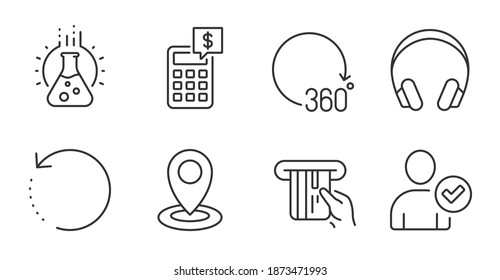 Calculator, Headphones and Chemistry lab line icons set. Location, Identity confirmed and Credit card signs. 360 degrees, Recovery data symbols. Quality line icons. Calculator badge. Vector