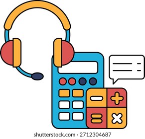 Uma calculadora e um fone de ouvido são mostrados em um desenho em preto e branco. A calculadora é um pequeno dispositivo com teclado e tela. O fone de ouvido é um dispositivo usado na cabeça
