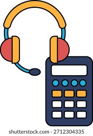 Uma calculadora e um fone de ouvido são mostrados juntos. A calculadora é um dispositivo pequeno, preto e branco com um teclado numérico e botões. O fone é um dispositivo branco com microfone e fone de ouvido