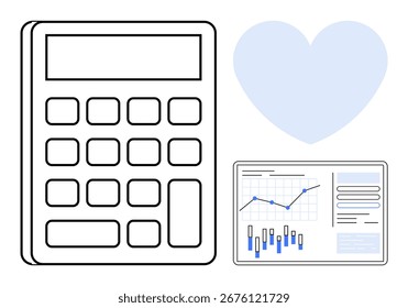 Calculadora, forma cardíaca e gráficos de dados com gráficos e estatísticas. Ideal para finanças, orçamento, gerenciamento de finanças pessoais, contabilidade, planejamento financeiro, análise de dados e educação