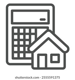 Calculator and house line icon, real estate concept. Vector graphics. Cottage building price for sale sign on white background, outline style icon for mobile or web design