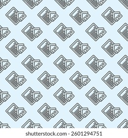 Calculator and house line seamless pattern, real estate theme. Vector graphics. Cottage building price for sale sign with background, repeat line icon