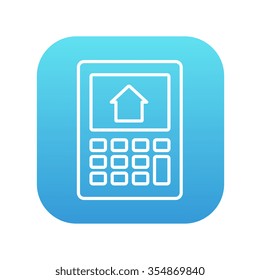Calculator with house on display line icon for web, mobile and infographics. Vector white icon on the blue gradient square with rounded corners isolated on white background.
