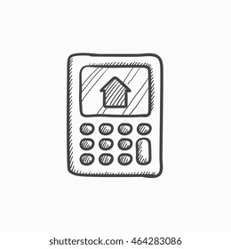 Calculator with house on display vector sketch icon isolated on background. Hand drawn Calculator with house on display icon. Calculator with house sketch icon for infographic, website or app.