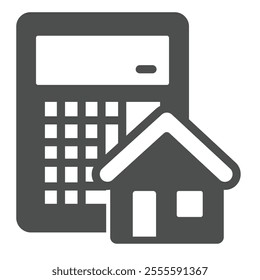 Calculator and house solid icon, real estate concept. Vector graphics. Cottage building price for sale sign on white background, glyph style icon for mobile or web design