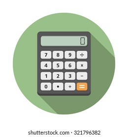 Calculator iccon in circle, flat design with long shadow, vector eps10 illustration