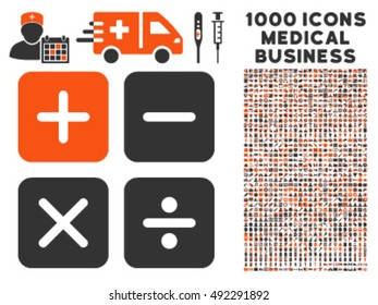 Calculator icon with 1000 medical business orange and gray vector pictographs. Collection style is flat bicolor symbols, white background.
