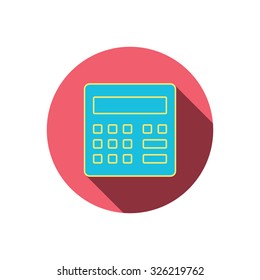 Calculator icon. Accounting sign. Balance calculation symbol. Red flat circle button. Linear icon with shadow. Vector