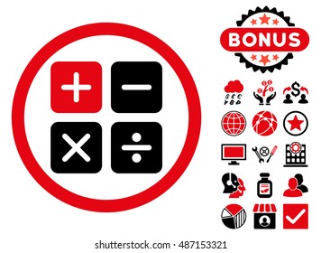 Calculator icon with bonus design elements. Vector illustration style is flat iconic bicolor symbols, intensive red and black colors, white background.