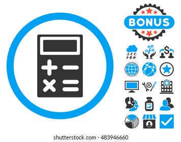 Calculator icon with bonus elements. Vector illustration style is flat iconic bicolor symbols, blue and gray colors, white background.