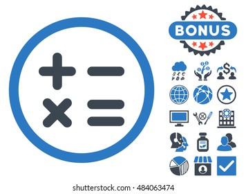 Calculator icon with bonus elements. Vector illustration style is flat iconic bicolor symbols, smooth blue colors, white background.