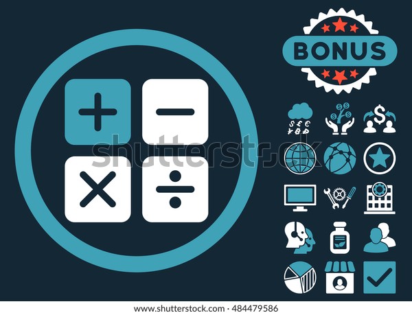 Calculator icon with bonus elements. Vector\
illustration style is flat iconic bicolor symbols, blue and white\
colors, dark blue\
background.
