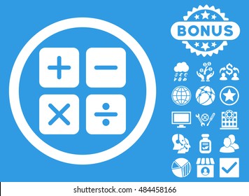 Calculator icon with bonus pictogram. Vector illustration style is flat iconic symbols, white color, blue background.