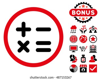 Calculator icon with bonus pictogram. Vector illustration style is flat iconic bicolor symbols, intensive red and black colors, white background.