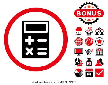Calculator icon with bonus pictogram. Vector illustration style is flat iconic bicolor symbols, intensive red and black colors, white background.