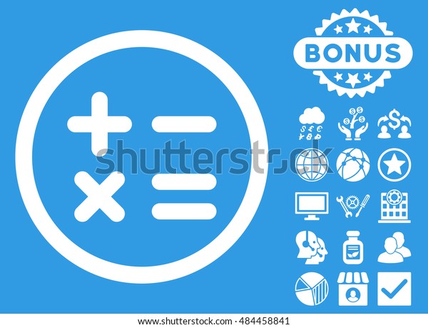 Calculator icon
with bonus pictogram. Vector illustration style is flat iconic
symbols, white color, blue
background.