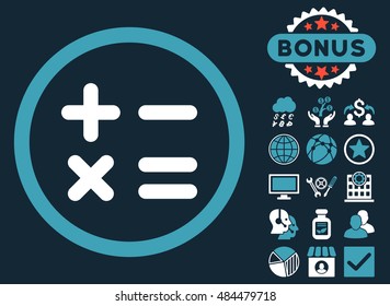 Calculator icon with bonus symbols. Vector illustration style is flat iconic bicolor symbols, blue and white colors, dark blue background.