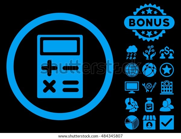 Calculator icon\
with bonus symbols. Vector illustration style is flat iconic\
symbols, blue color, black\
background.