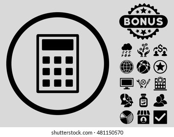 Calculator icon with bonus. Vector illustration style is flat iconic symbols, black color, light gray background.