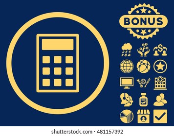 Calculator icon with bonus. Vector illustration style is flat iconic symbols, yellow color, blue background.
