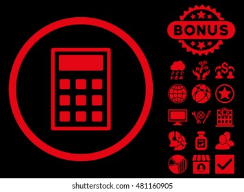 Calculator icon with bonus. Vector illustration style is flat iconic symbols, red color, black background.