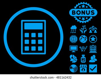 Calculator icon with bonus. Vector illustration style is flat iconic symbols, blue color, black background.