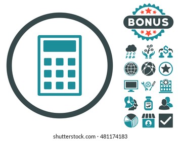 Calculator icon with bonus. Vector illustration style is flat iconic bicolor symbols, soft blue colors, white background.