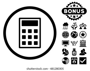 Calculator icon with bonus. Vector illustration style is flat iconic symbols, black color, white background.