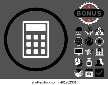 Calculator icon with bonus. Vector illustration style is flat iconic bicolor symbols, black and white colors, gray background.