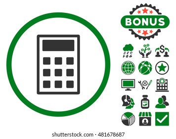 Calculator icon with bonus. Vector illustration style is flat iconic bicolor symbols, green and gray colors, white background.